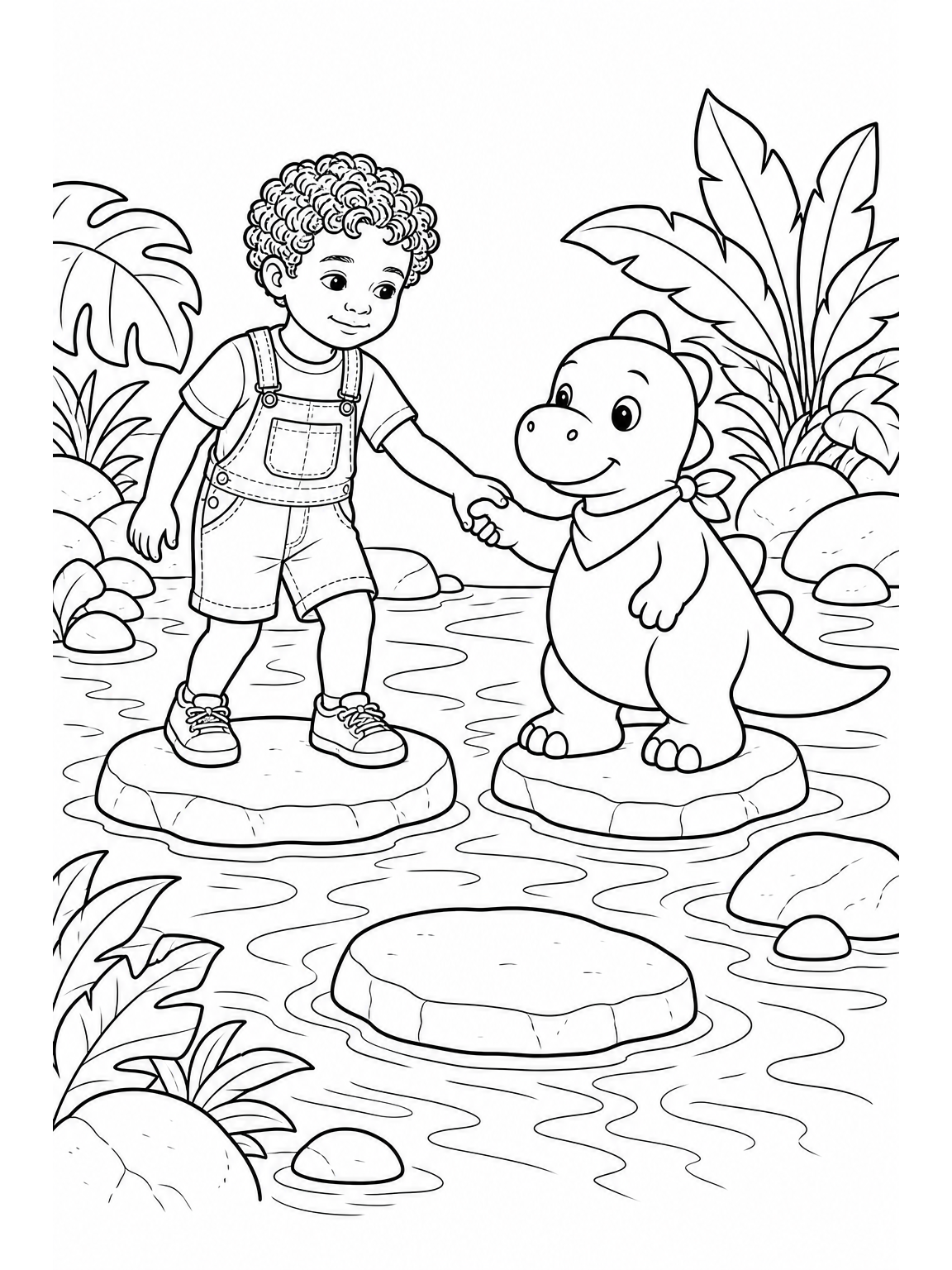 @avery and @sprout helping each other cross a shallow jungle stream on three large flat stepping stones. Avery reaches one hand toward Sprout, and Sprout gently holds that hand for balance. Their feet are clearly planted on adjacent stones above the water. Both full bodies visible, exactly one child and one dinosaur. A few large leaves, rounded rocks and gently curved water lines. A friendly safe scene about teamwork, no danger.