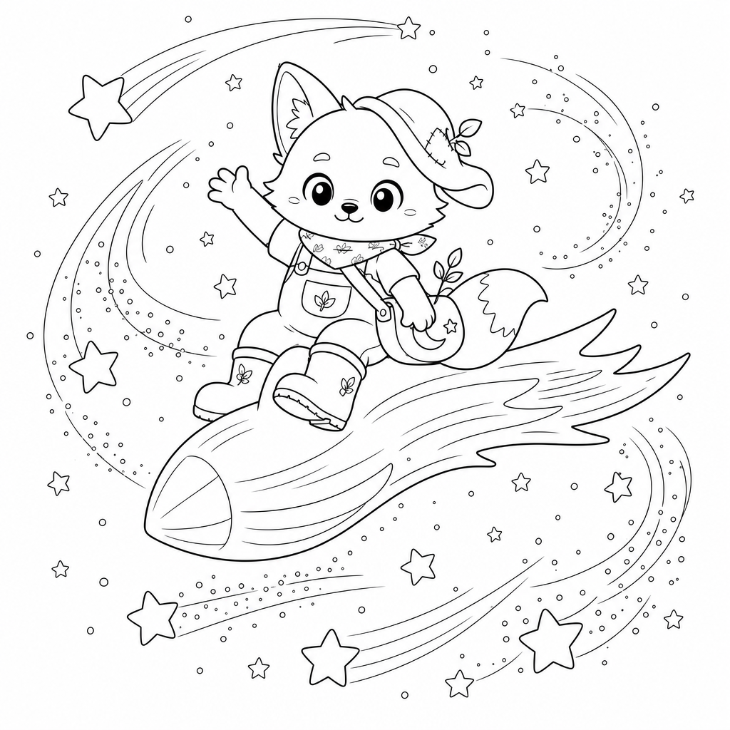 @milo riding a comet, surrounded by swirling stardust and playful shooting stars.
