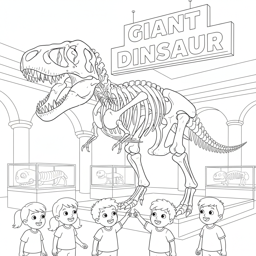 A giant dinosaur skeleton displayed in a museum, with kids looking on in awe.
