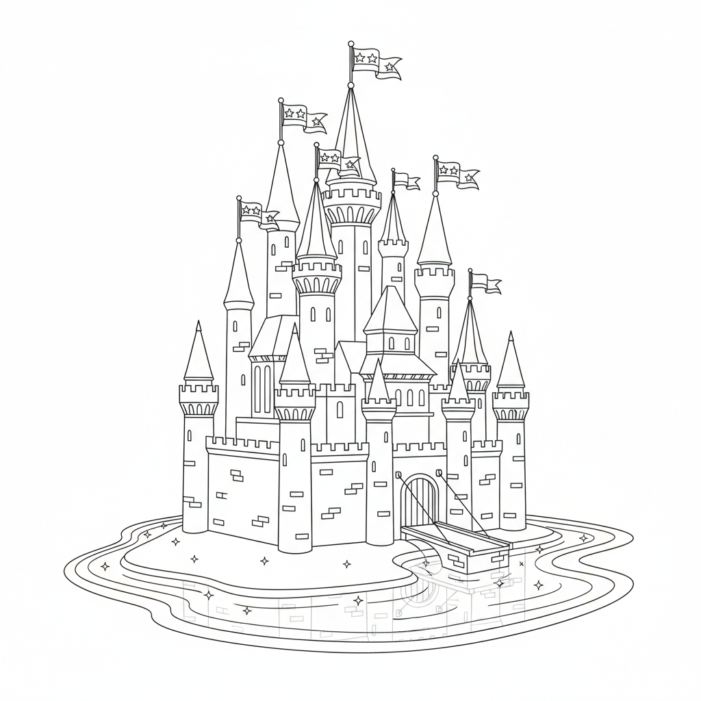A majestic castle with tall towers and flags waving in the breeze, surrounded by a sparkling moat.