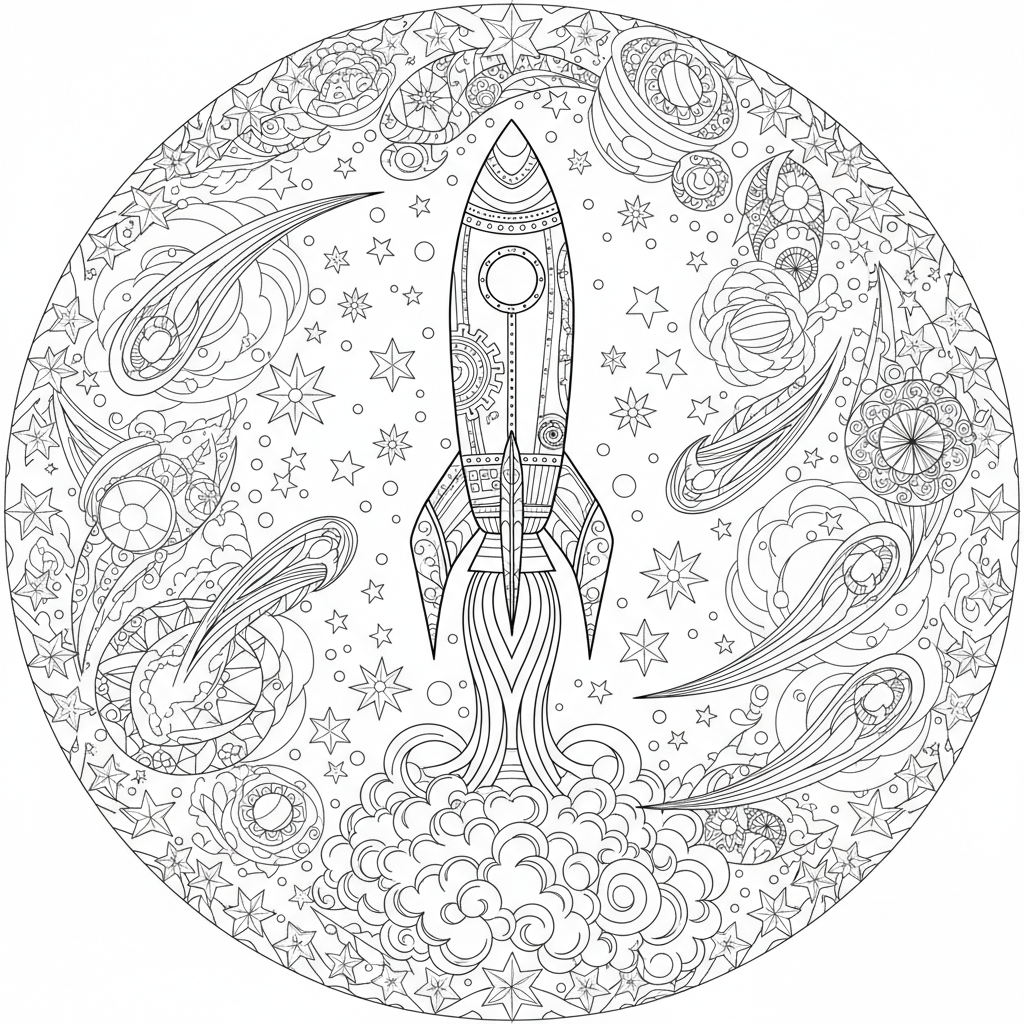 A rocket zooming through space, surrounded by twinkling stars and comets.