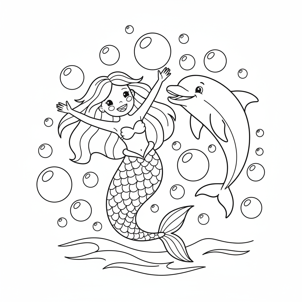 A mermaid and a dolphin leaping joyfully out of the water, surrounded by bubbles.