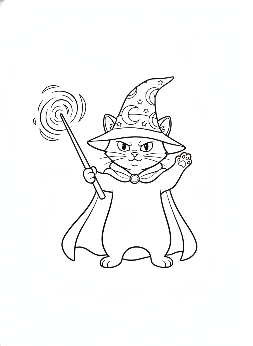a cat wearing a wizard hat, casting a spell with a wand