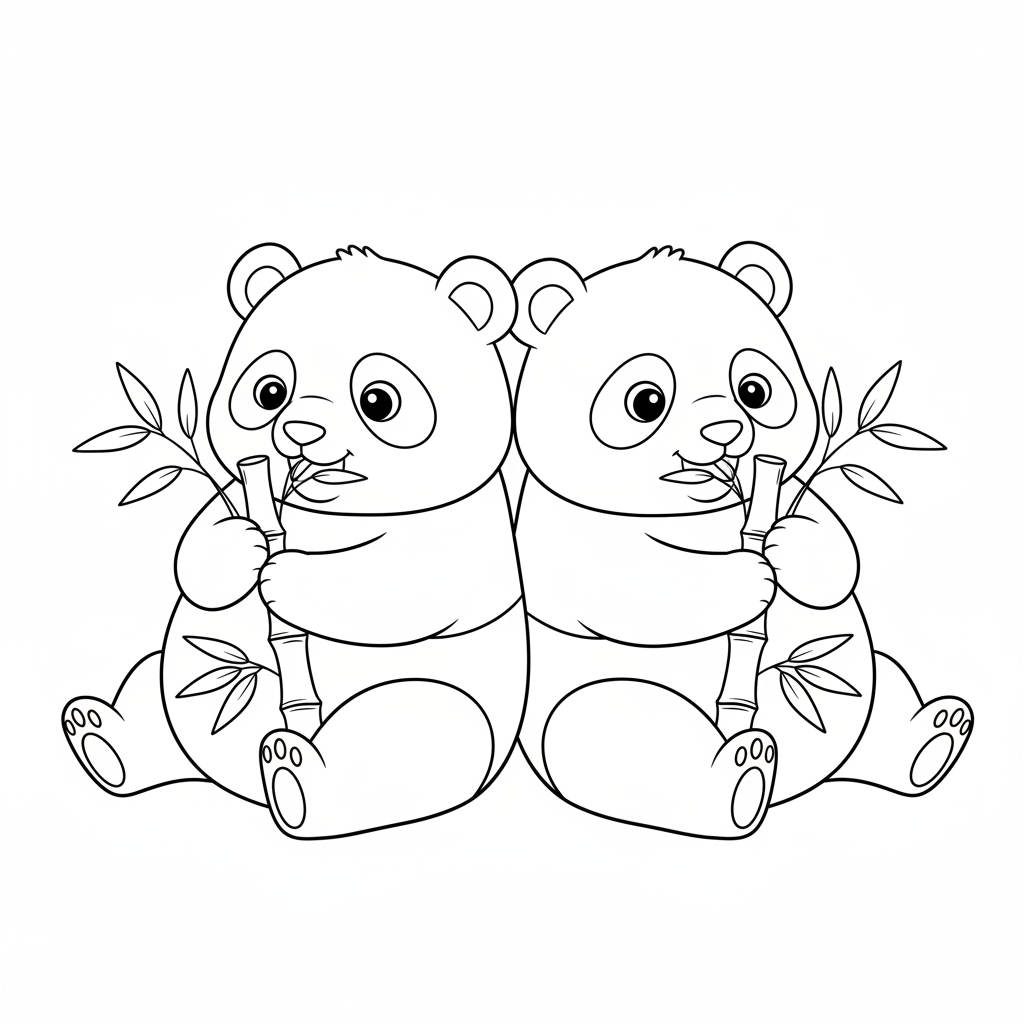 cuddly pandas sharing bamboo, sitting back to back