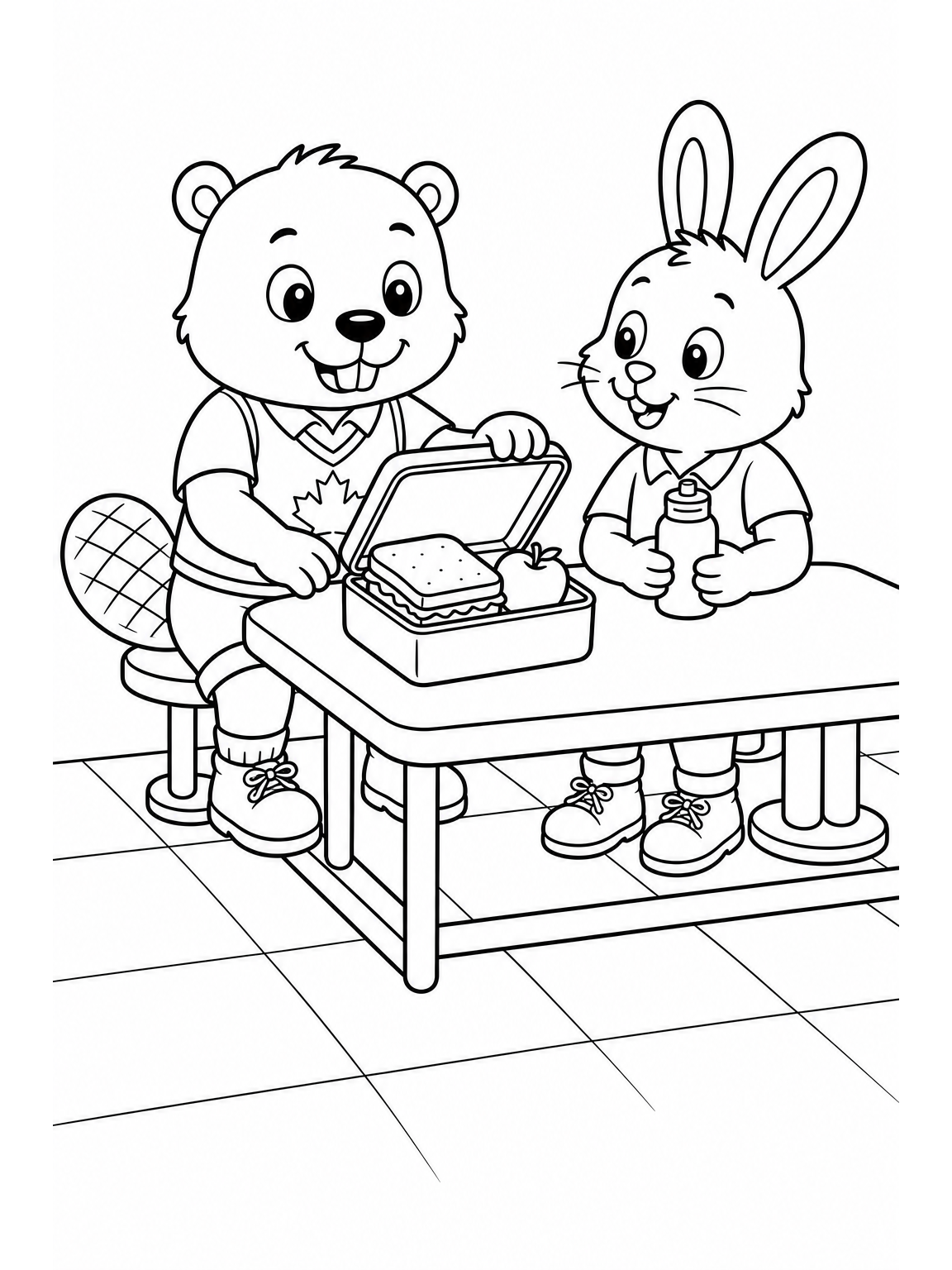 @maple enjoying lunch at a school cafeteria table with the rabbit friend, opening a lunchbox containing a sandwich and apple, both characters smiling