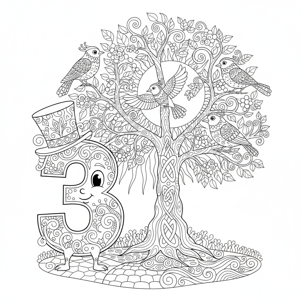 A cheerful number three standing next to a tree with birds perched on its branches.
