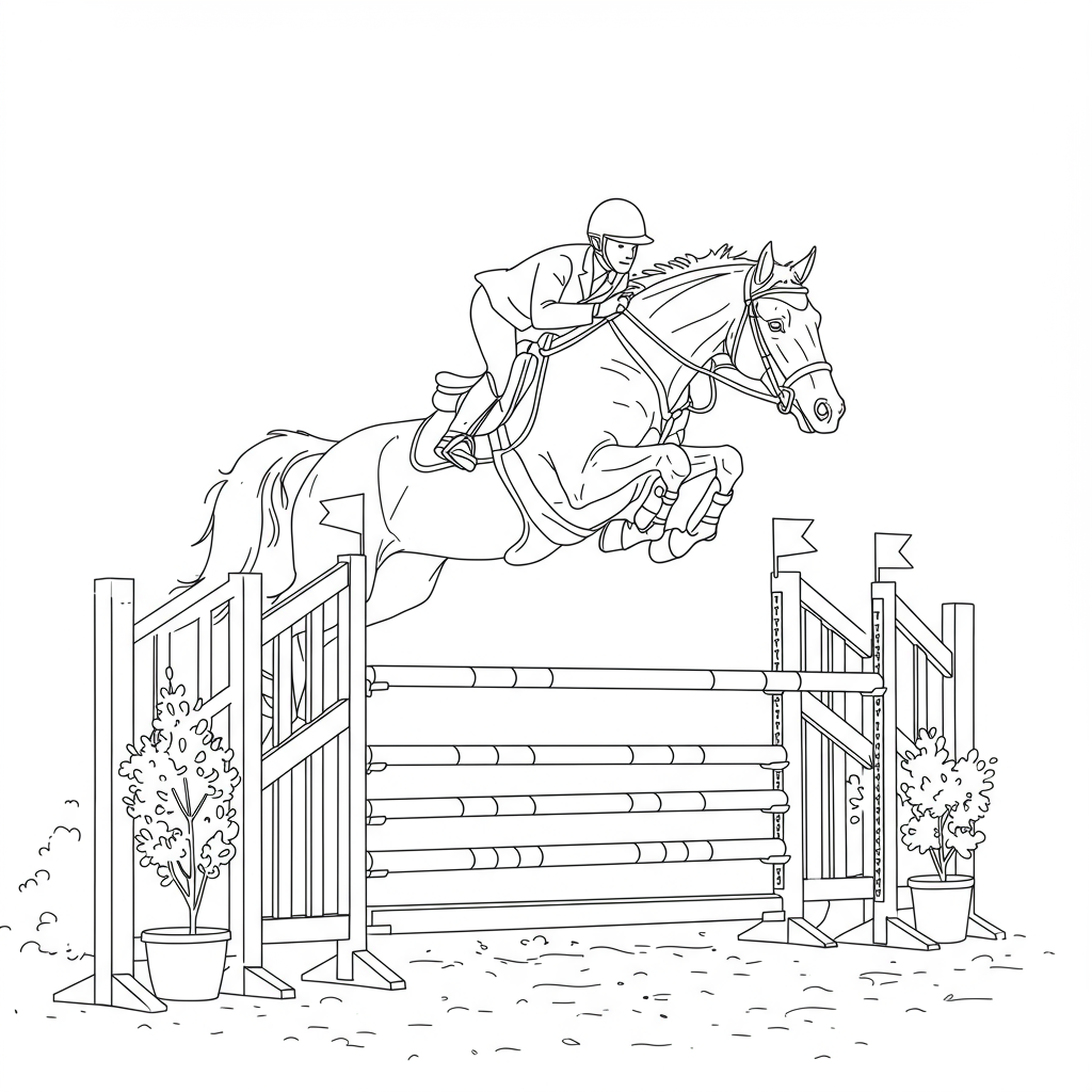 A horse jumping over a colorful fence in an exciting show jumping competition.