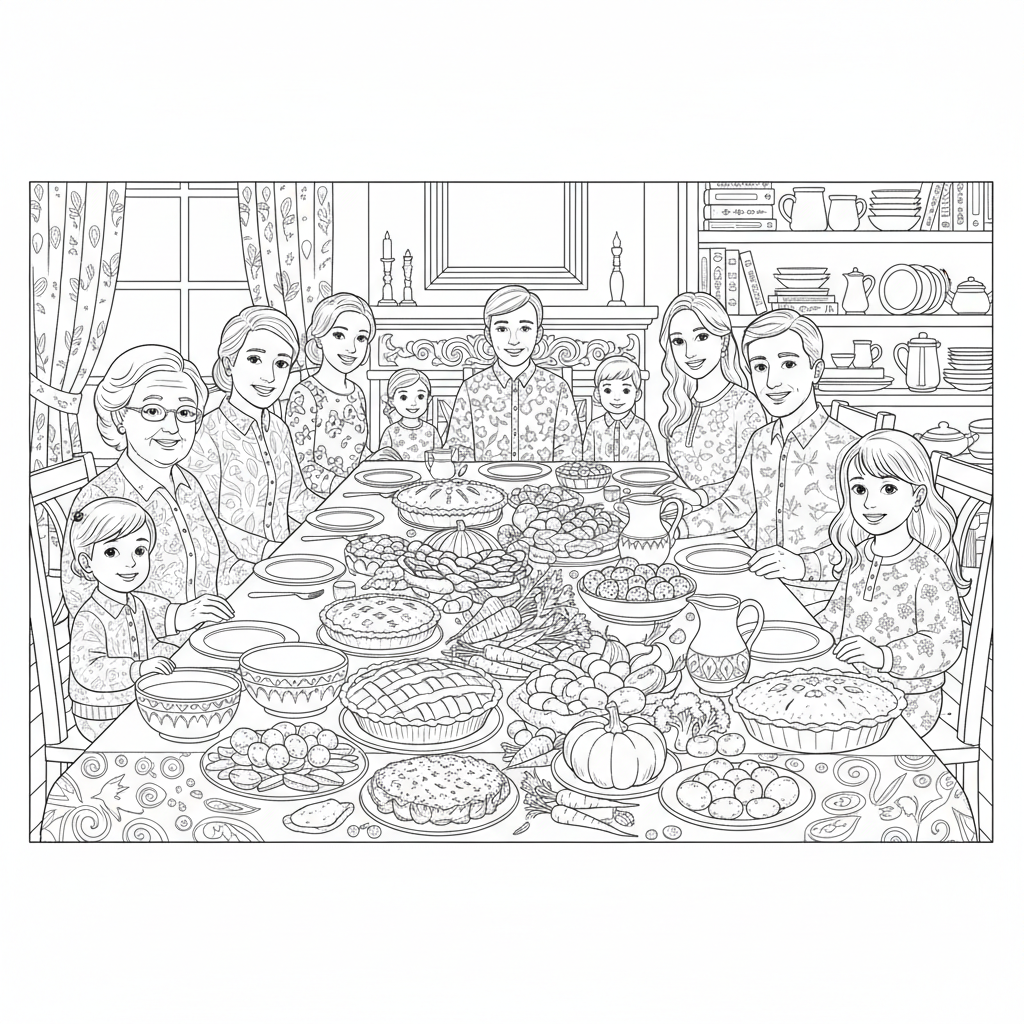 A family gathered around a table filled with a feast of pies and roasted vegetables.