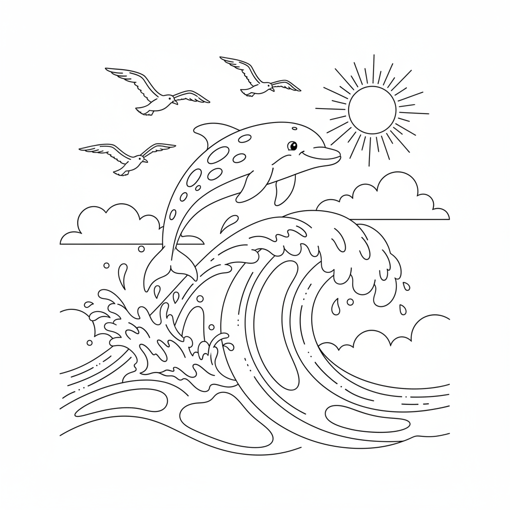 A playful dolphin jumping over a big wave with seagulls flying above.