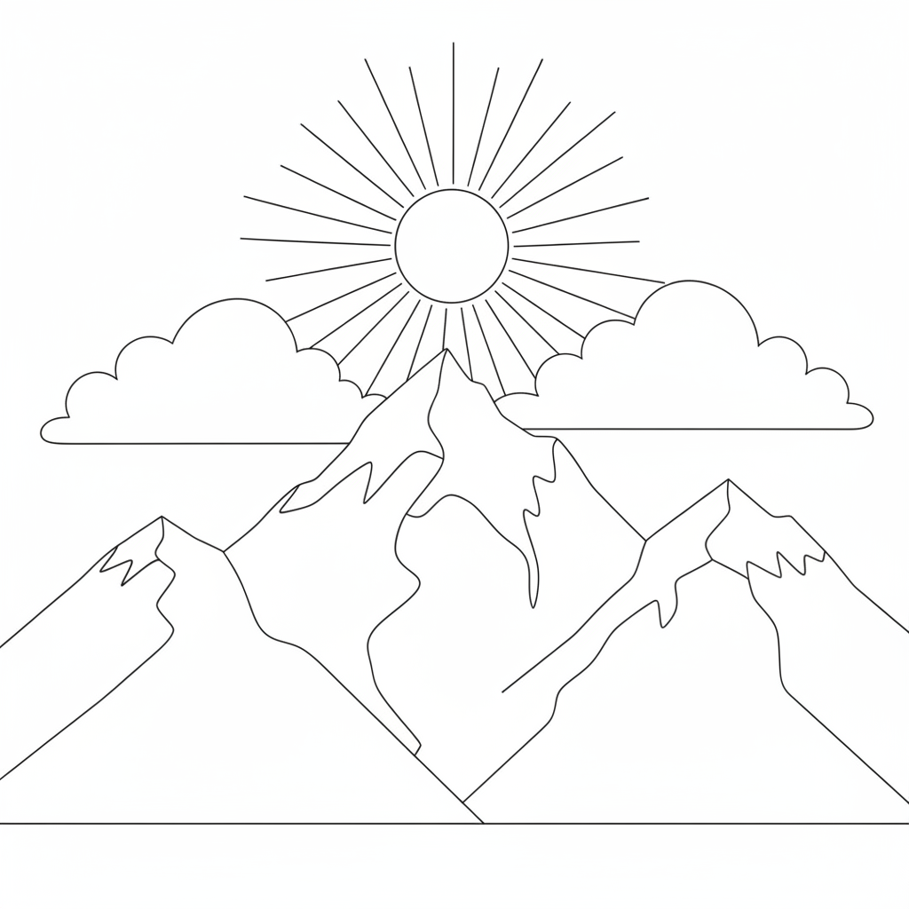 A majestic mountain range with fluffy clouds floating above and a bright sun shining down.