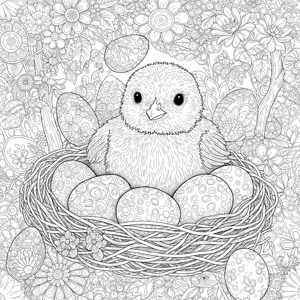 A fluffy baby chick peeking out from a cozy nest filled with eggs.