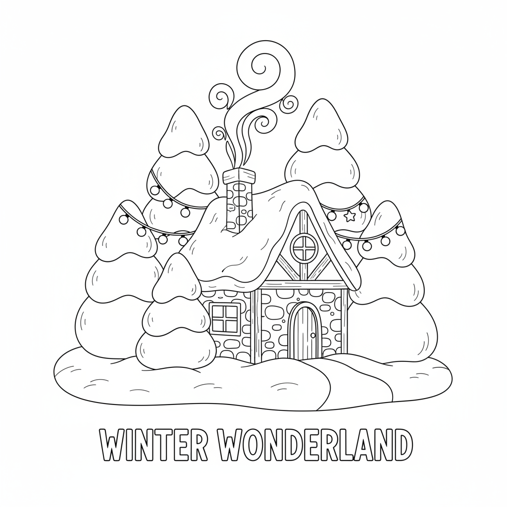 A cozy cottage with smoke rising from the chimney, surrounded by snow-covered trees and twinkling lights.