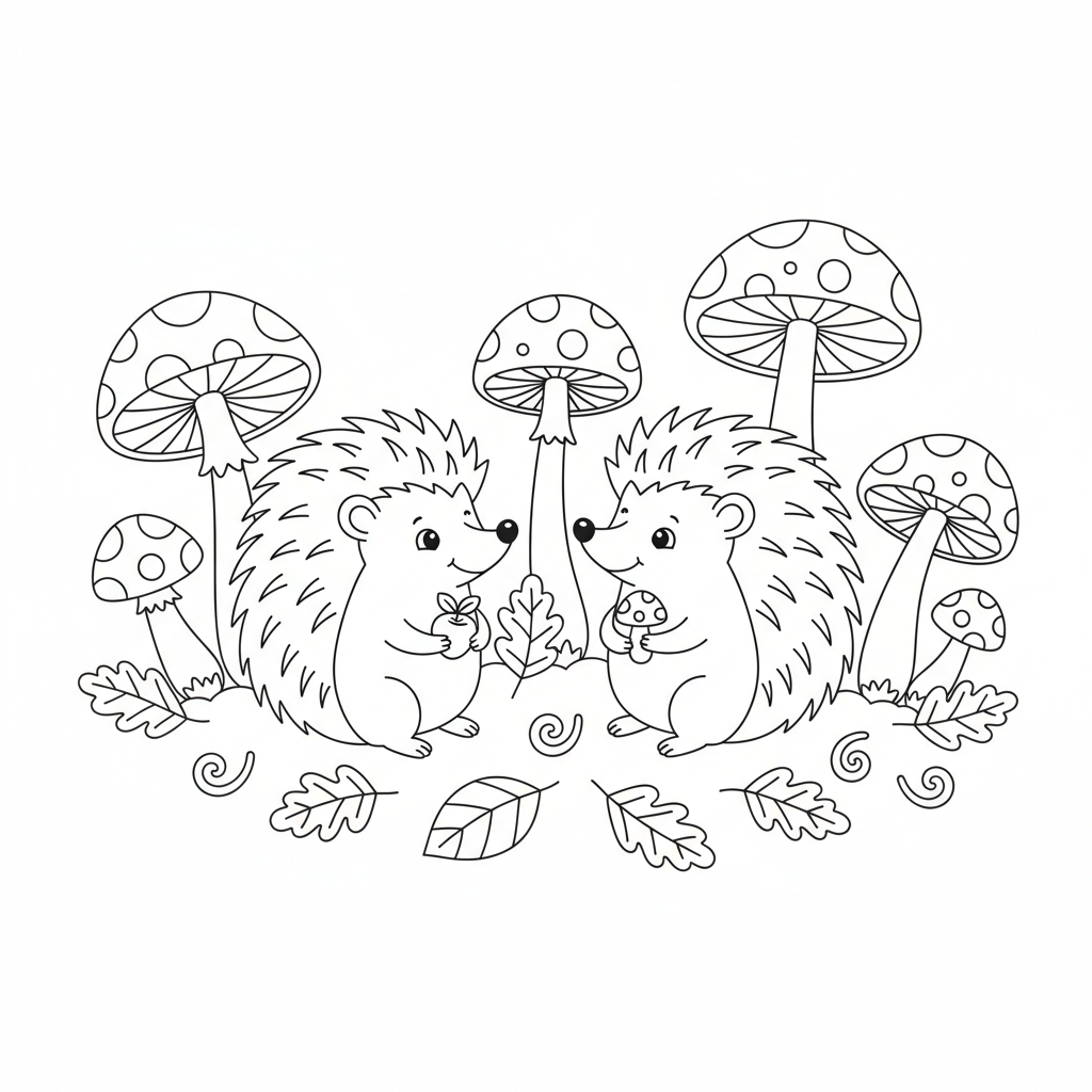 Hedgehog pair among mushrooms and leaves