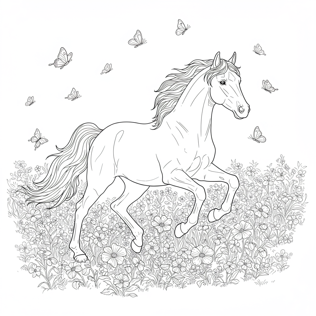 A majestic horse galloping through a field of flowers with butterflies fluttering around.