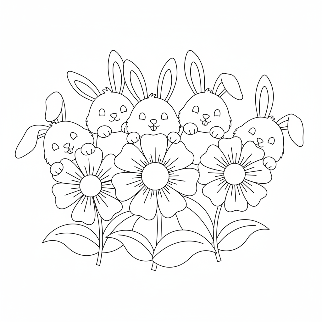 A group of playful bunnies hiding behind large, vibrant flowers, peeking out with curious expressions.