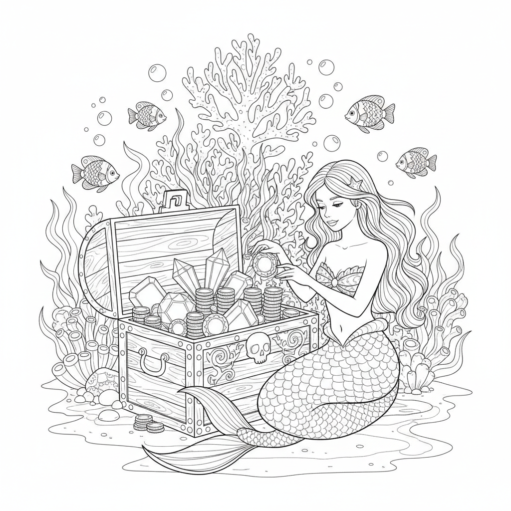 A mermaid exploring a treasure chest filled with sparkling jewels and gold coins on the ocean floor.