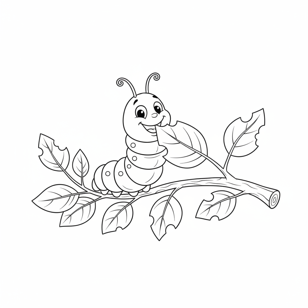 A curious caterpillar munching on a leafy branch with a big smile.