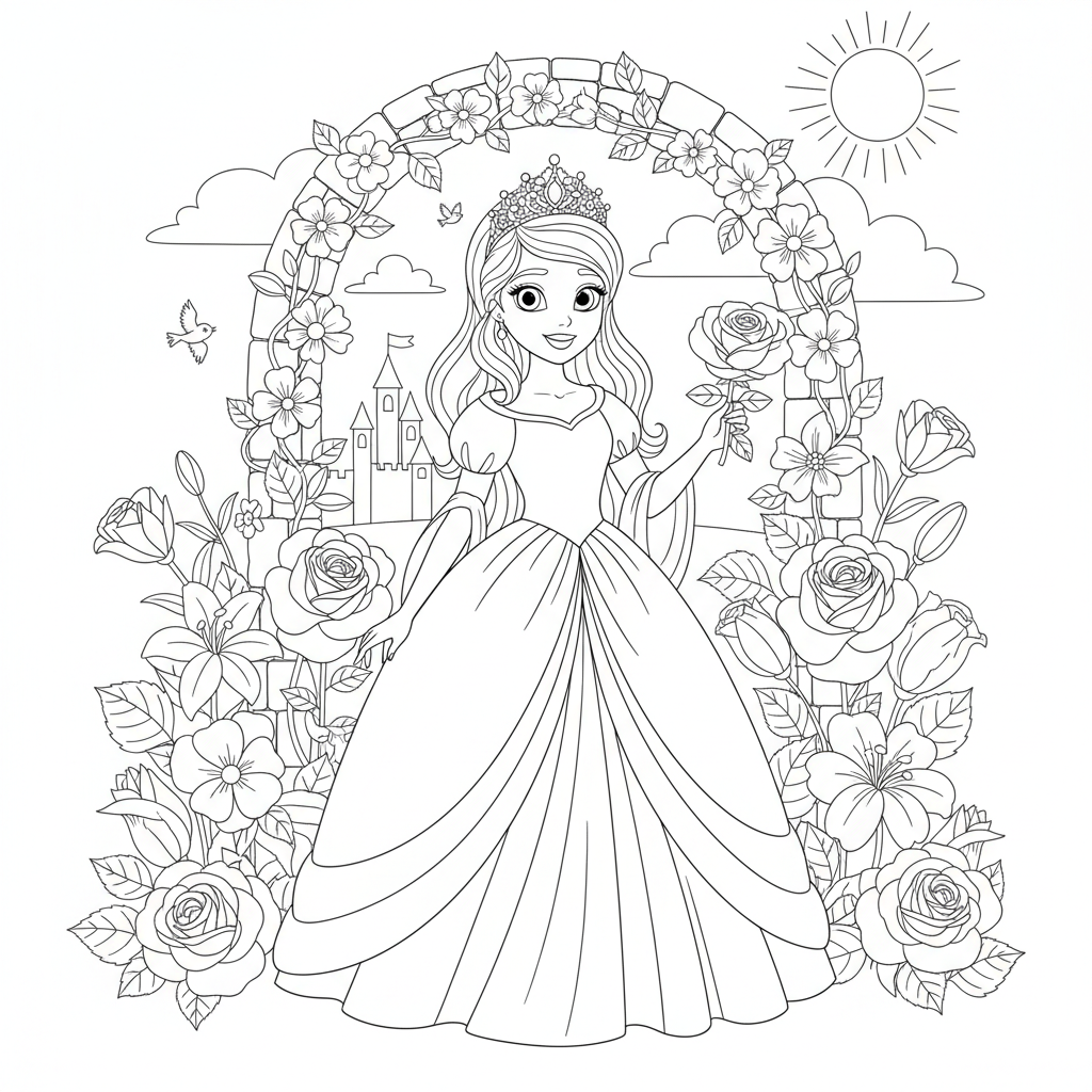 A beautiful princess wearing a sparkling tiara, standing in a lush garden filled with flowers.