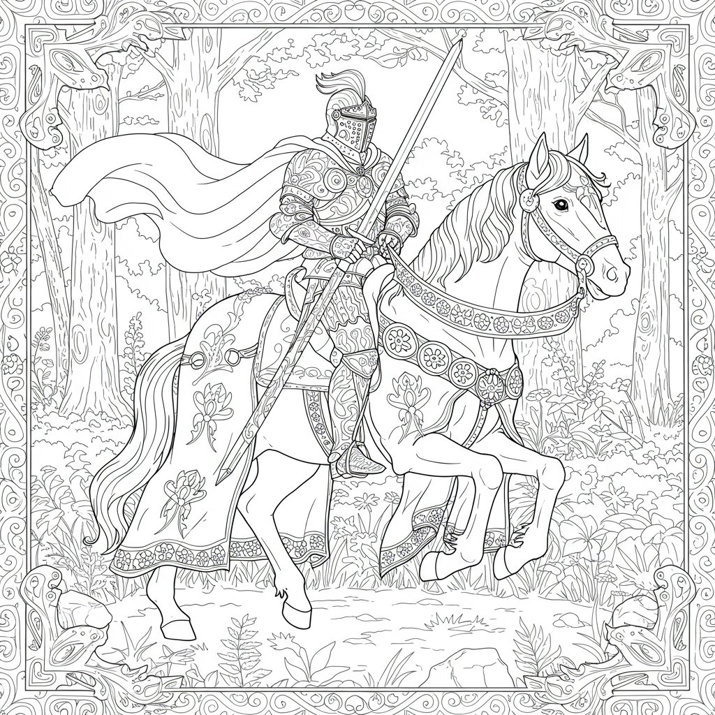 A brave knight in shining armor riding a majestic horse through a forest.