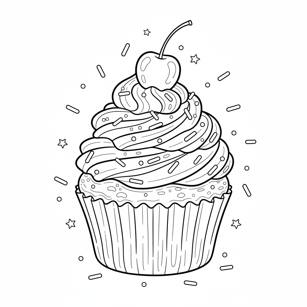 A cheerful cupcake with swirly frosting and a cherry on top, surrounded by sprinkles.