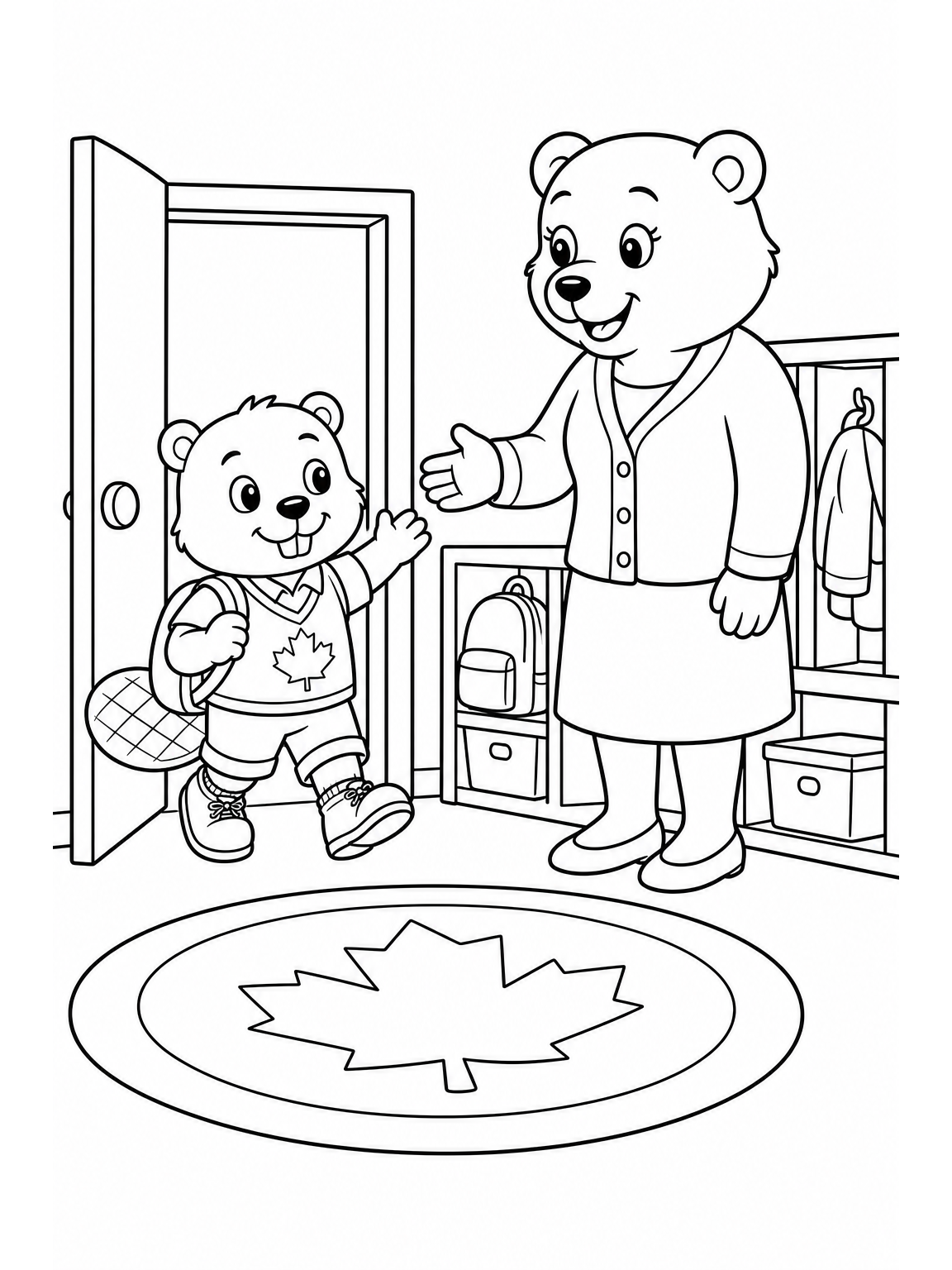 @maple arriving at the classroom doorway and being warmly welcomed by a kind adult bear teacher, with a few cubbies and a simple classroom rug visible