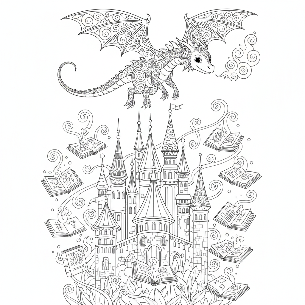 A magical castle surrounded by floating books and a friendly dragon flying above.