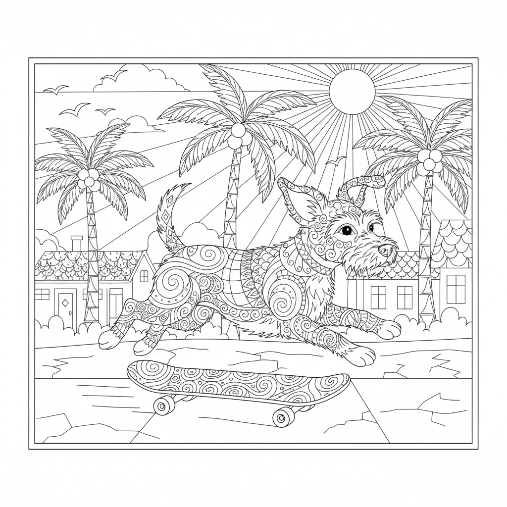 A playful dog chasing after a skateboard on a sunny sidewalk.