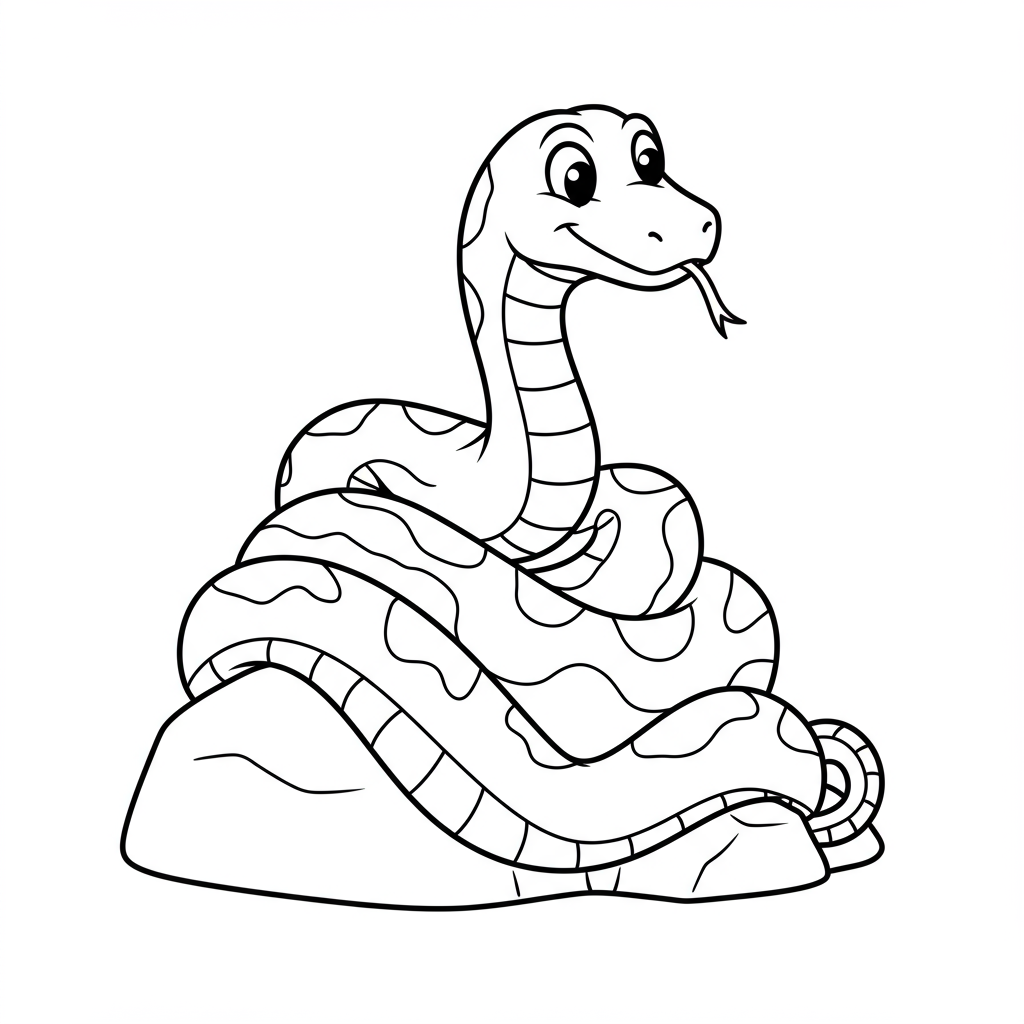 A slithering snake coiled around a rock with a curious expression.