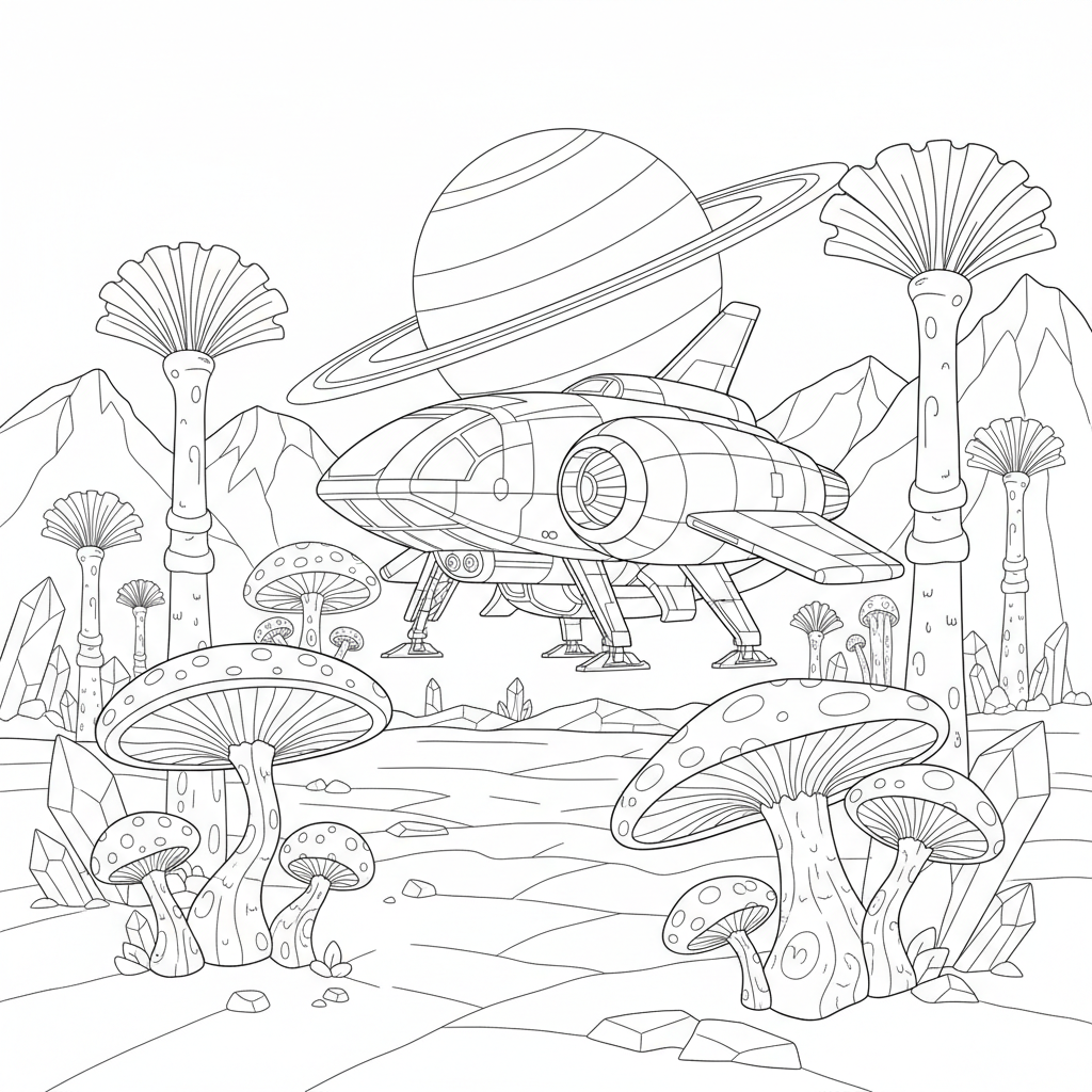 A futuristic spaceship landing on an alien landscape filled with strange plants.