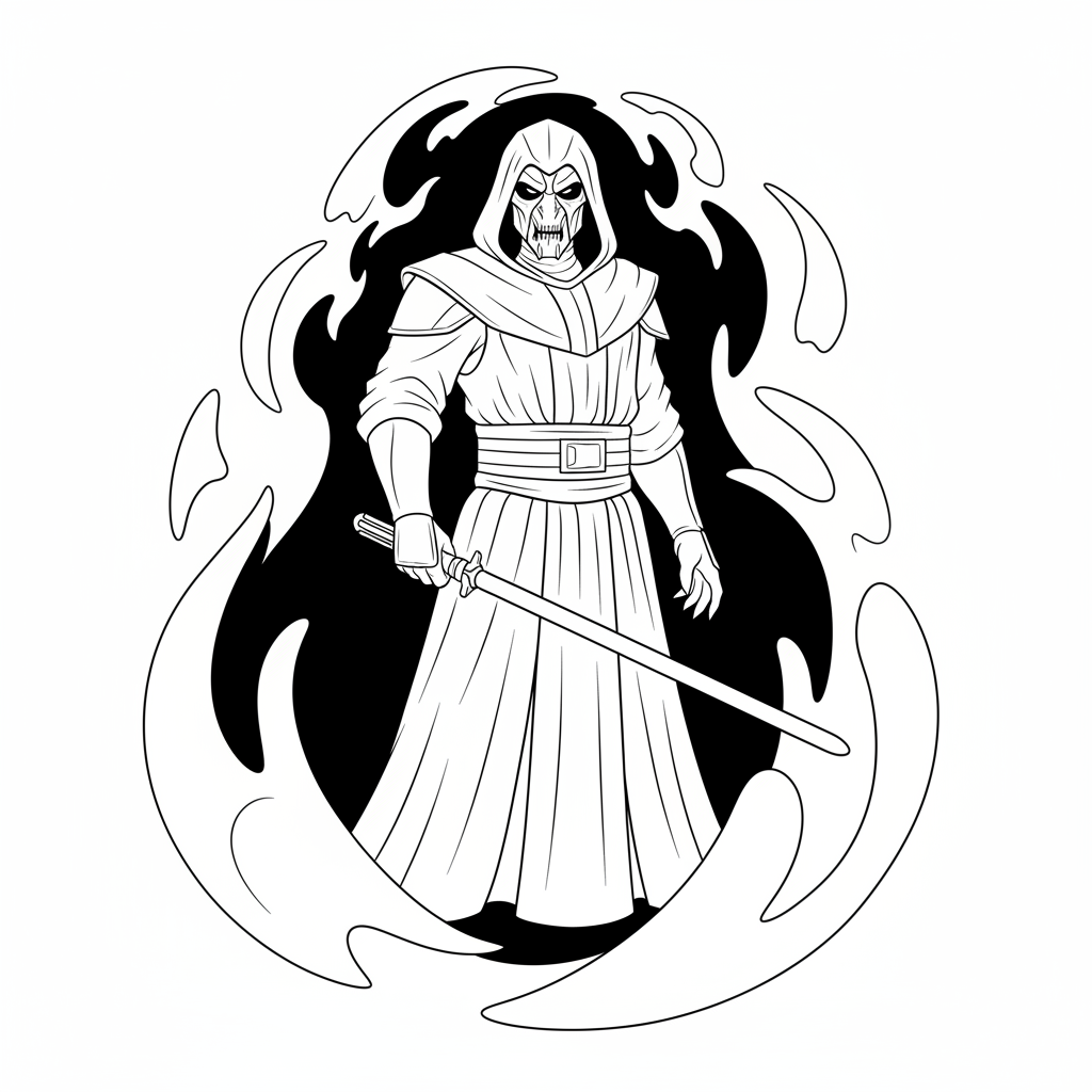 A fearsome Sith lord with a red lightsaber, surrounded by dark shadows.