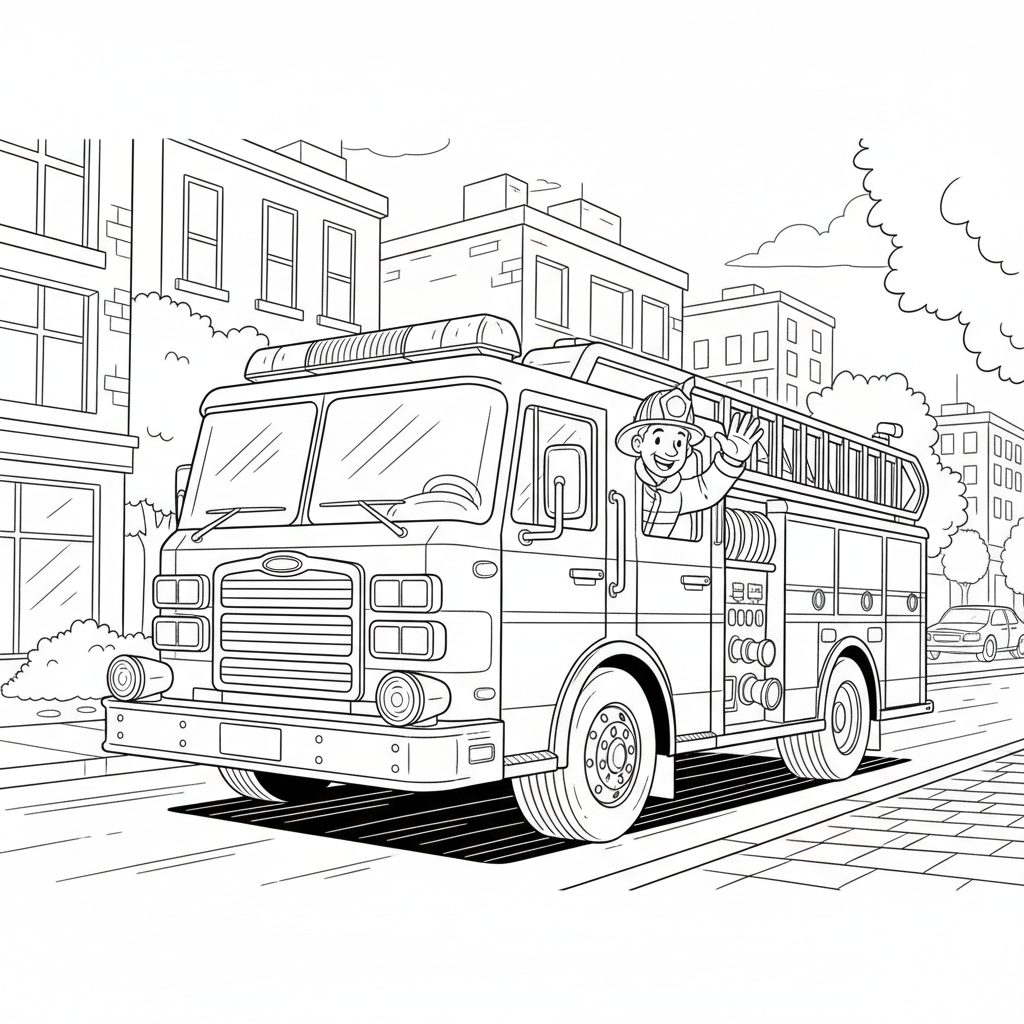 A shiny fire truck with ladders and hoses, racing down the street with a friendly firefighter waving.
