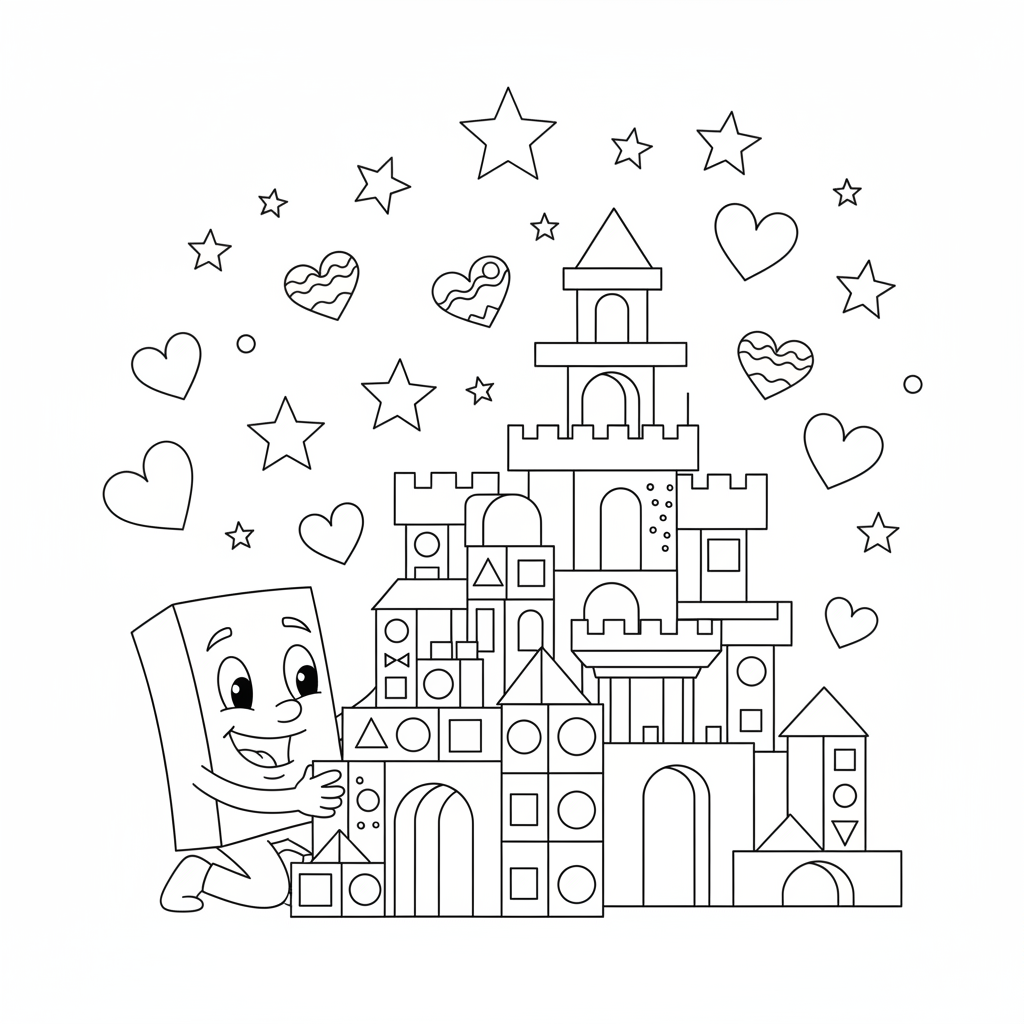 A cheerful rectangle building a castle made of colorful blocks, with stars and hearts in the sky.