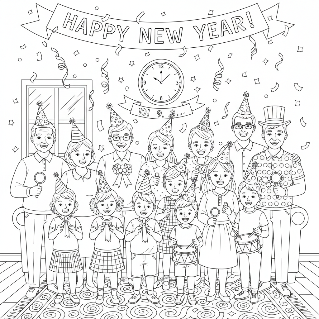 A family gathered together with hats and noisemakers, counting down to the New Year.