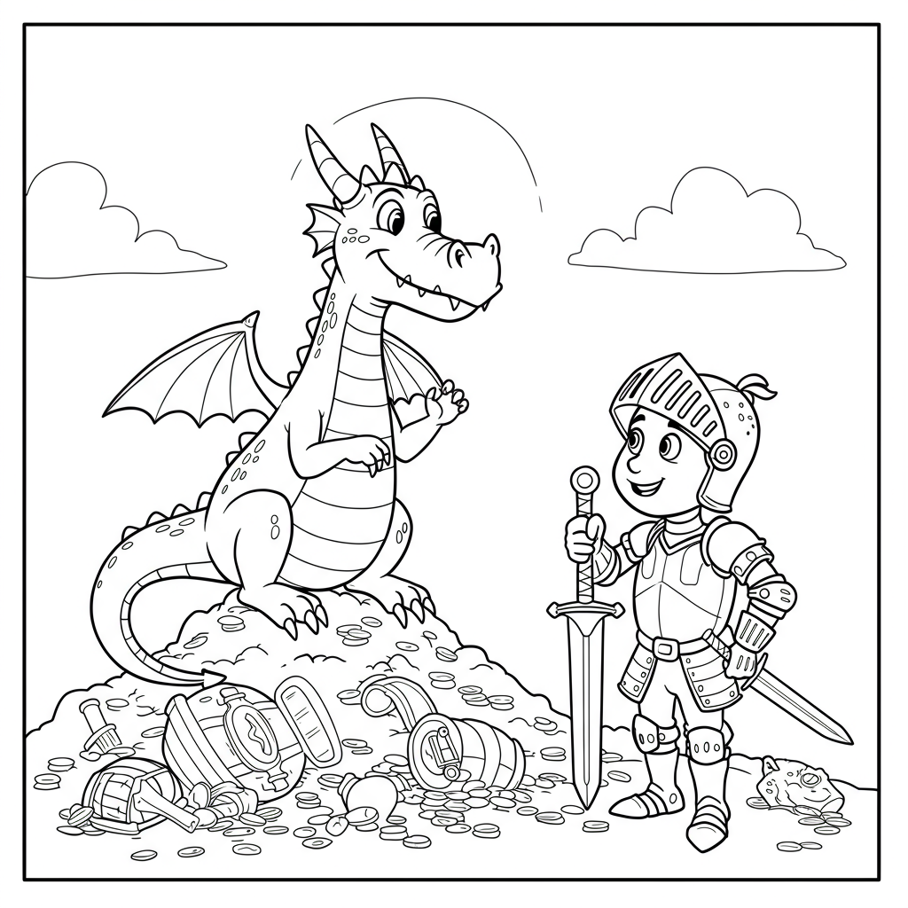 A friendly dragon sitting on a pile of treasure, smiling at a curious knight.