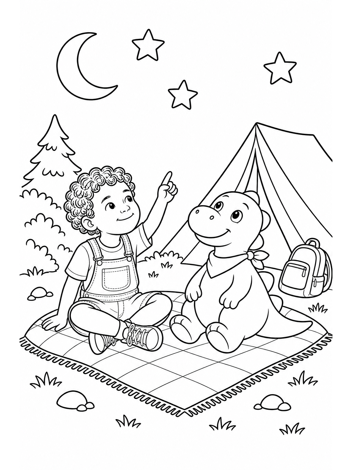 @avery and @sprout sitting side by side on a picnic blanket outside one small camping tent, looking up at three large stars and a crescent moon. Avery points up at one star and Sprout smiles toward the sky. Both characters fully visible, exactly one child and one dinosaur, with a small closed backpack beside the tent. Peaceful end to their first adventure, no campfire. Keep the night sky white with simple outlined stars, no dark fills or shading.