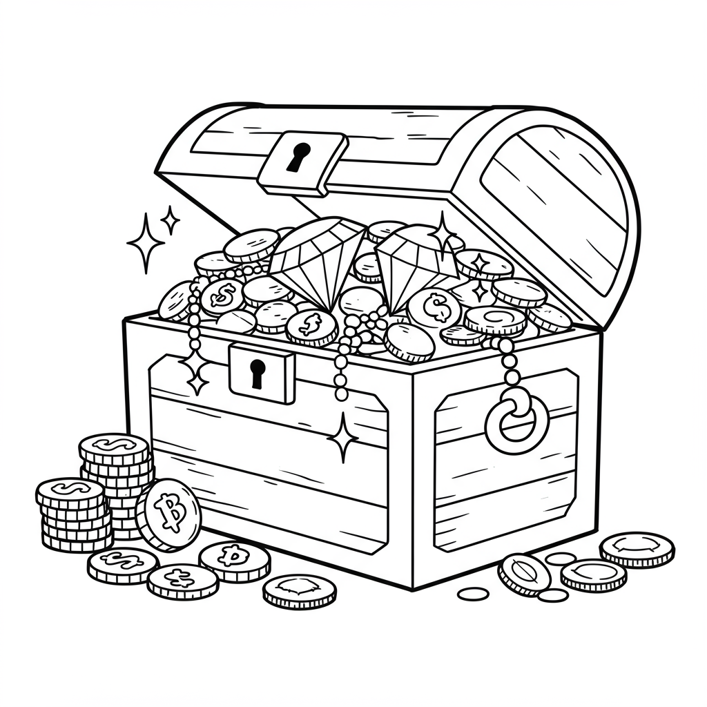 A hidden treasure chest overflowing with gold coins and sparkling jewels.
