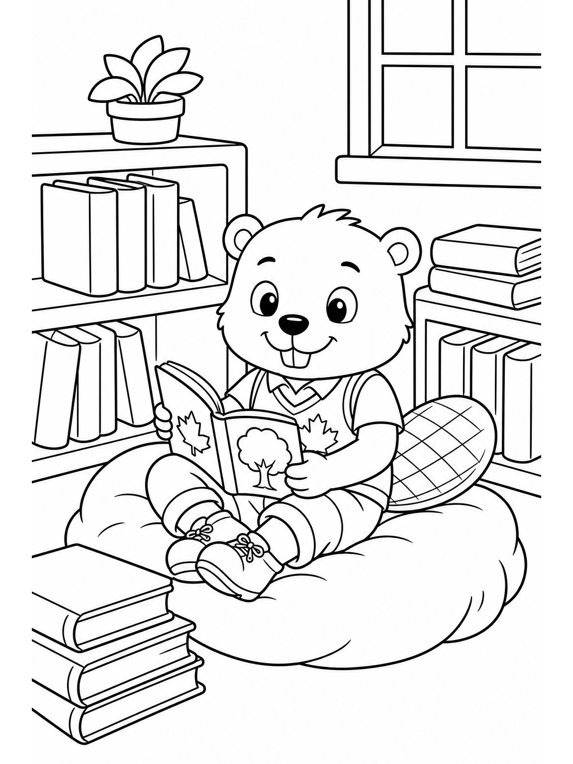 @maple curled up happily in a cozy school-library reading nook, holding an open picture book, surrounded by a few low shelves and oversized books with blank covers