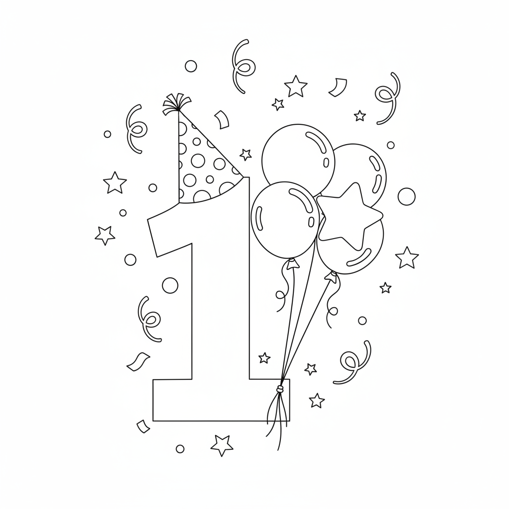 A giant number one with balloons and a party hat, surrounded by confetti.