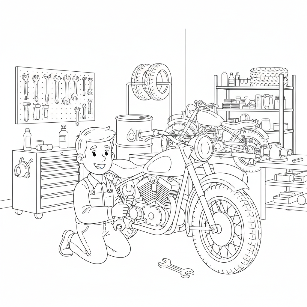 A mechanic working on a motorcycle in a busy garage filled with tools.