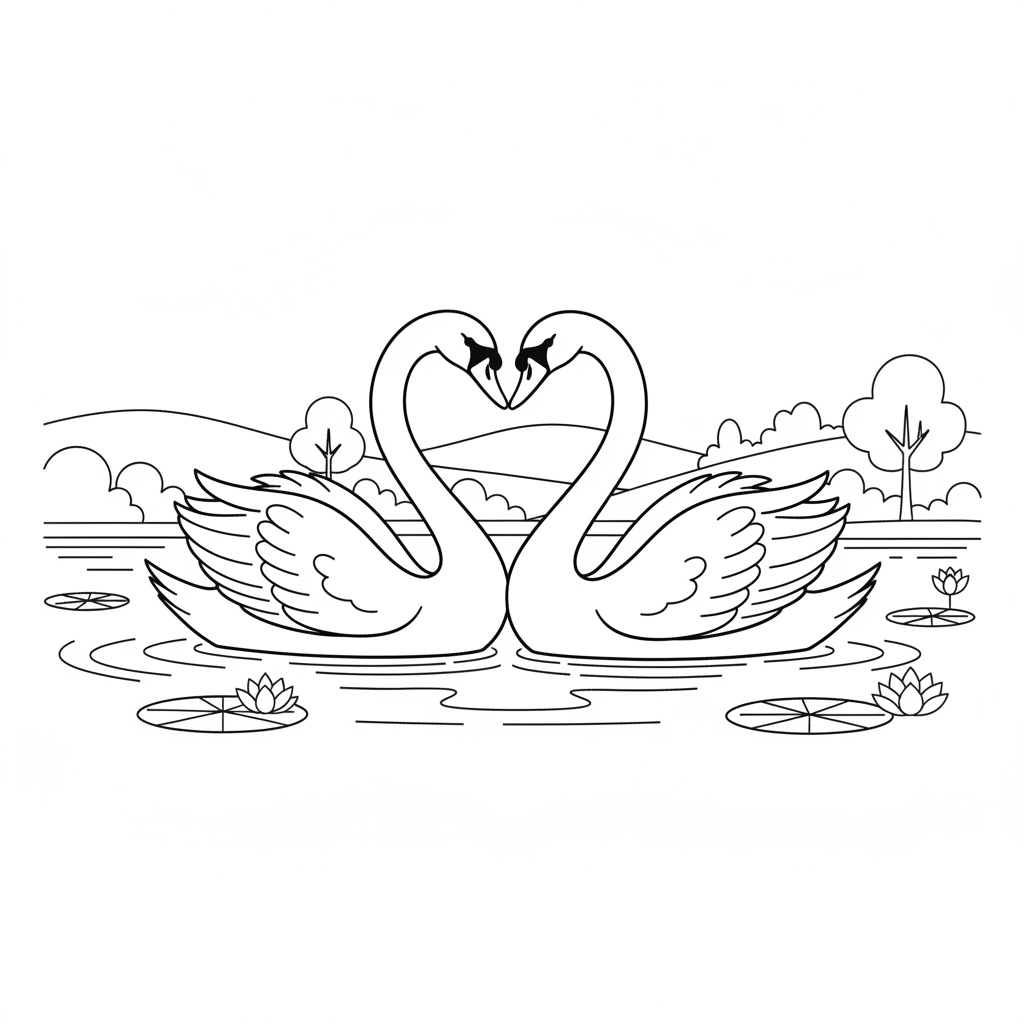 Two swans with necks forming a heart shape on a calm lake