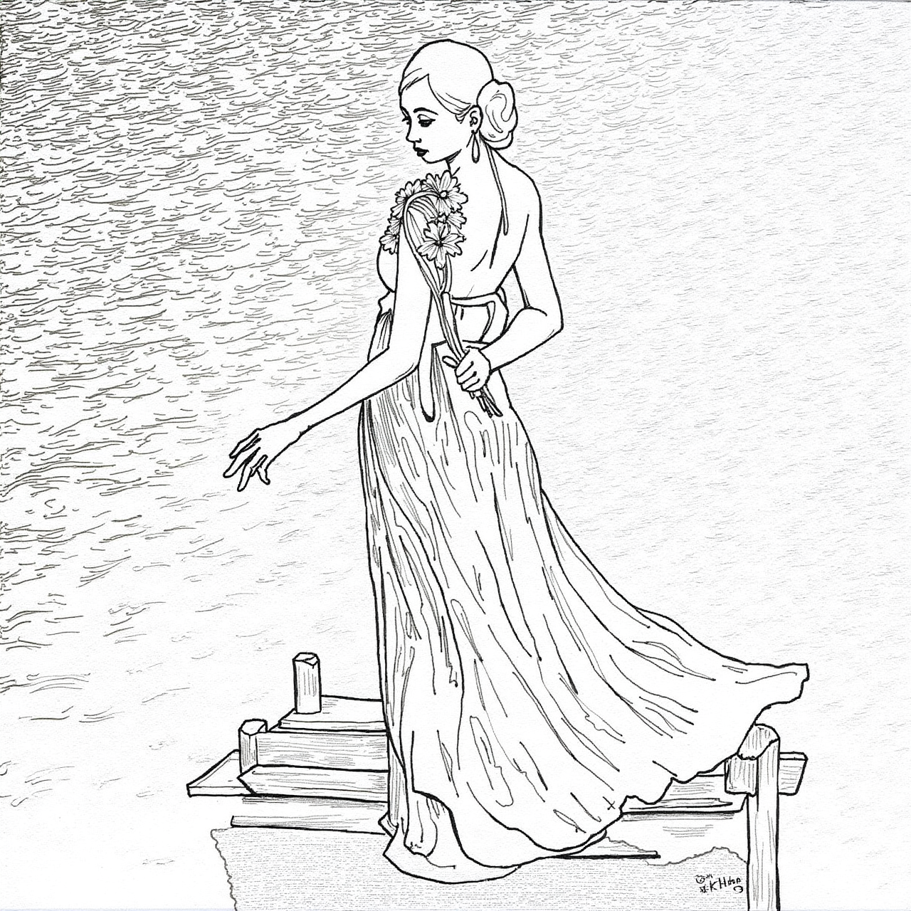 young asian woman in a flowing dress, holding flowers on her back, waves background