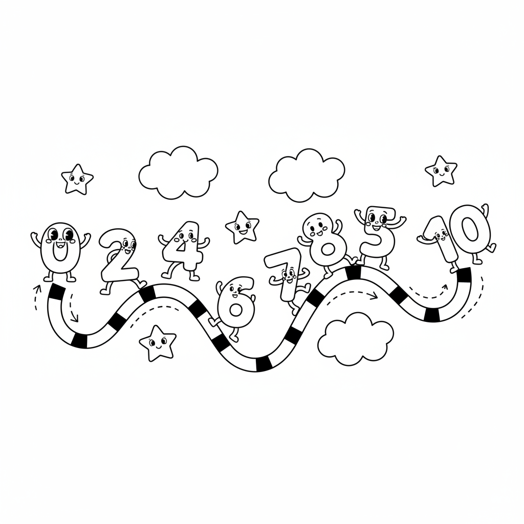 A cheerful number line with smiling numbers jumping along it.