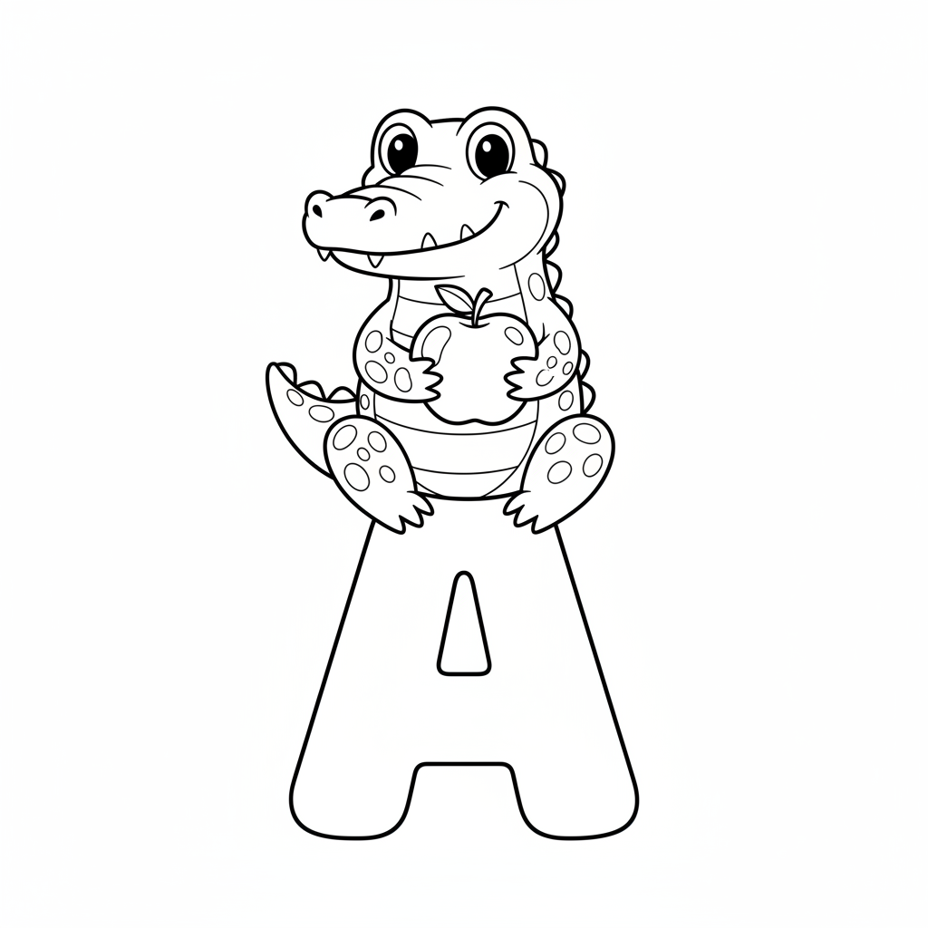 An alligator holding an apple while sitting on a big letter A.