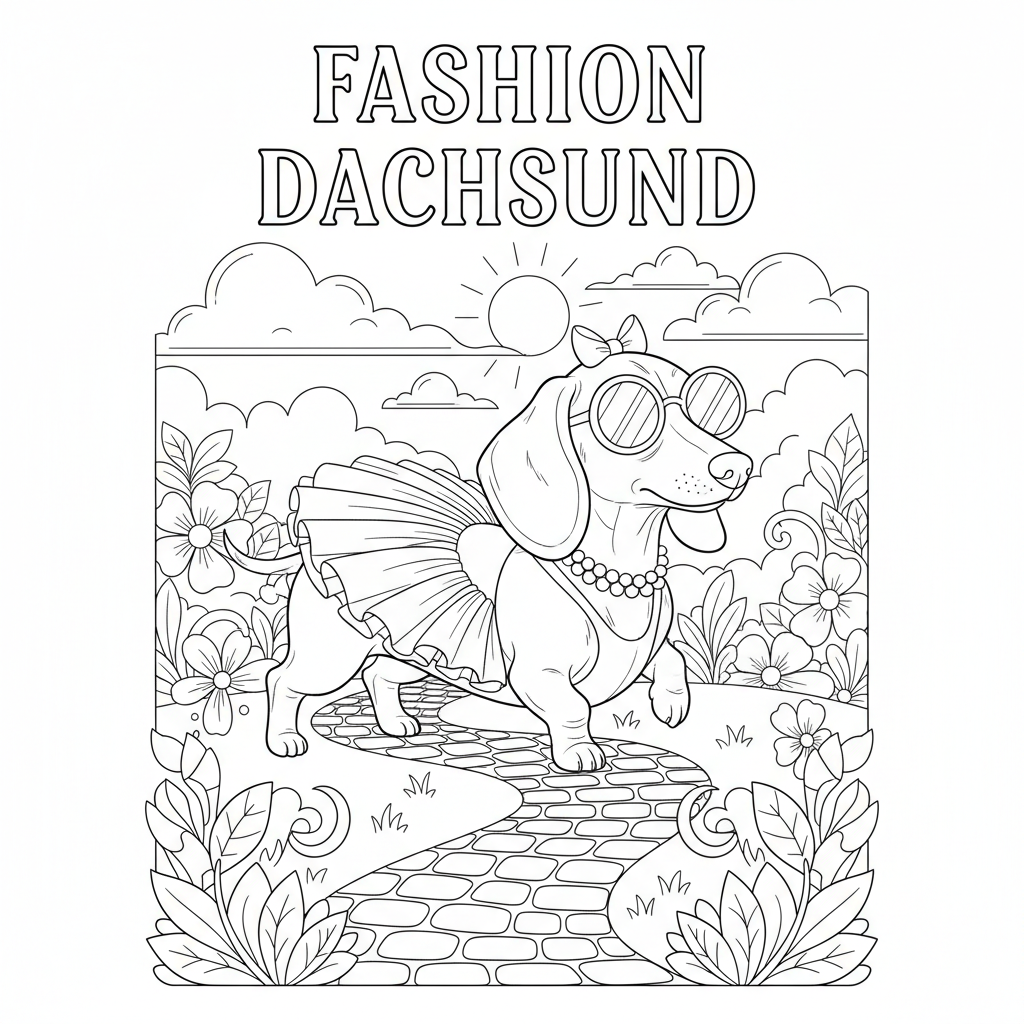 A fashionable dachshund wearing a tutu and sunglasses, strutting proudly on a path.