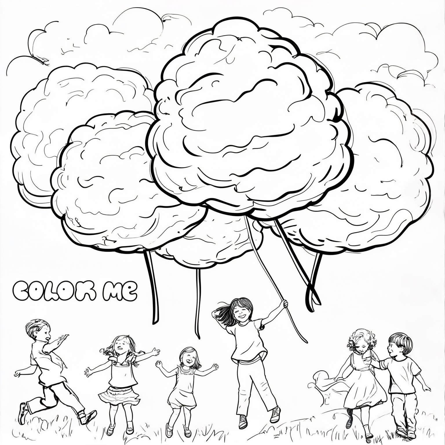 Fluffy cotton candy clouds drifting in the sky while children play beneath.