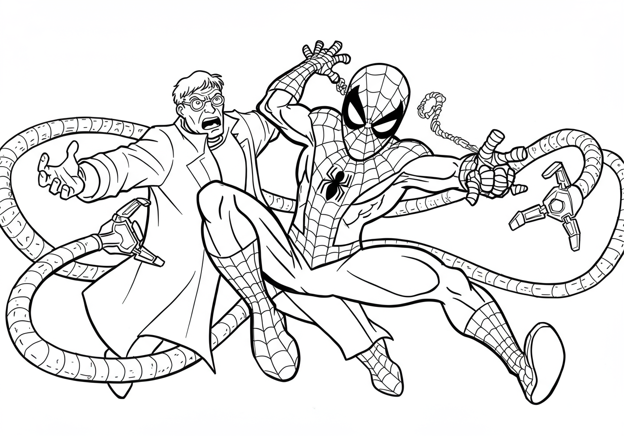 A dynamic action shot of Spiderman battling Doctor Octopus with webs flying everywhere.