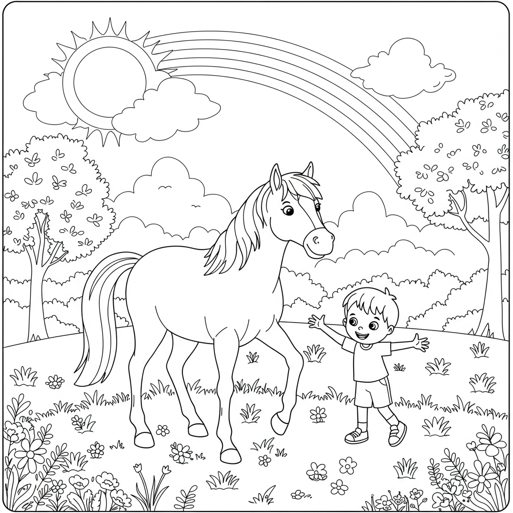 A horse and a child playing together in a sunny meadow, with a rainbow in the sky.