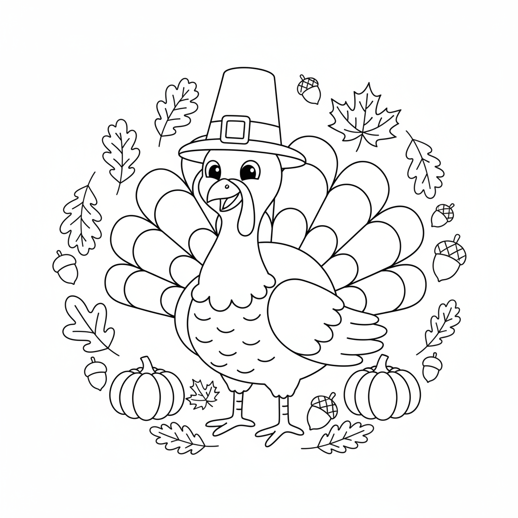 A cheerful turkey wearing a pilgrim hat surrounded by autumn leaves.