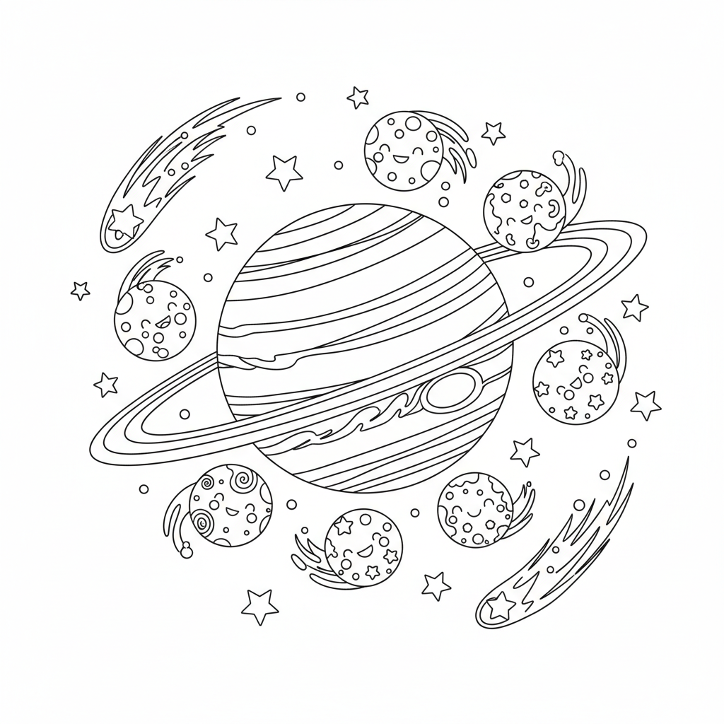 A colorful gas giant with a group of playful moons dancing around it.