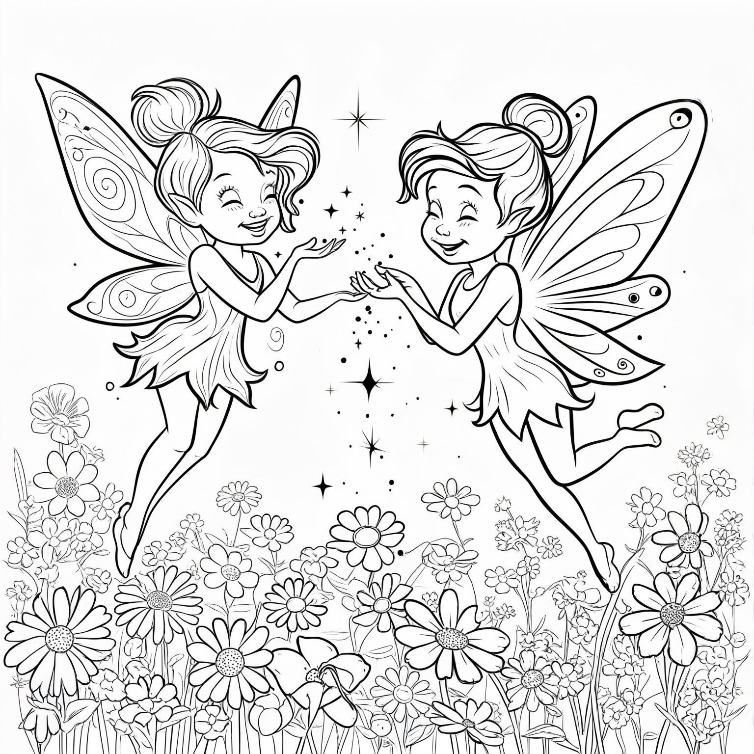 Fairies fluttering around a vibrant flower field, giggling and spreading magic dust.